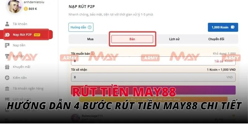 Hướng dẫn 4 bước rút tiền may88 chi tiết